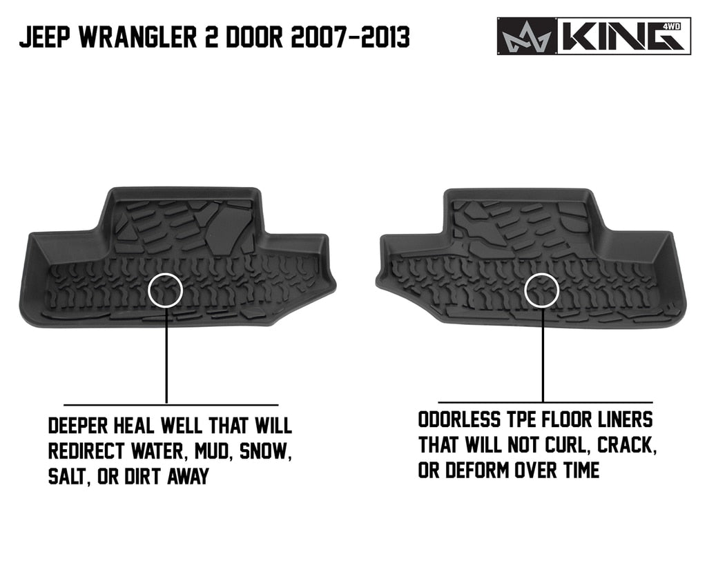 King4WD Front And Second Seat Floor Liners Jeep JK TPE Form Fitting Floor Liners For 07-13 Wrangler JK 2 Door Front and Rear 4 Piece Black King 4WD - 28010201