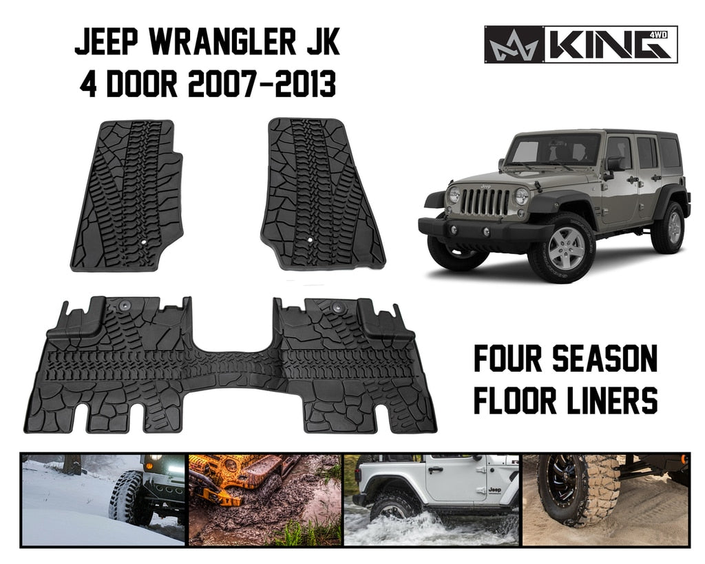 King4WD Front And Second Seat Floor Liners Jeep JK TPE Form Fitting Floor Liners For 07-13 Wrangler JK 4 Door Front and Rear 3 Piece Black King 4WD - 28010301