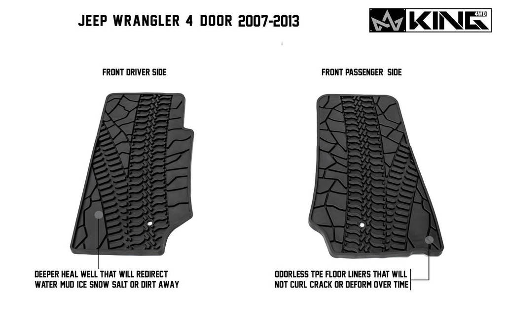 King4WD Front And Second Seat Floor Liners Jeep JK TPE Form Fitting Floor Liners For 07-13 Wrangler JK 4 Door Front and Rear 3 Piece Black King 4WD - 28010301