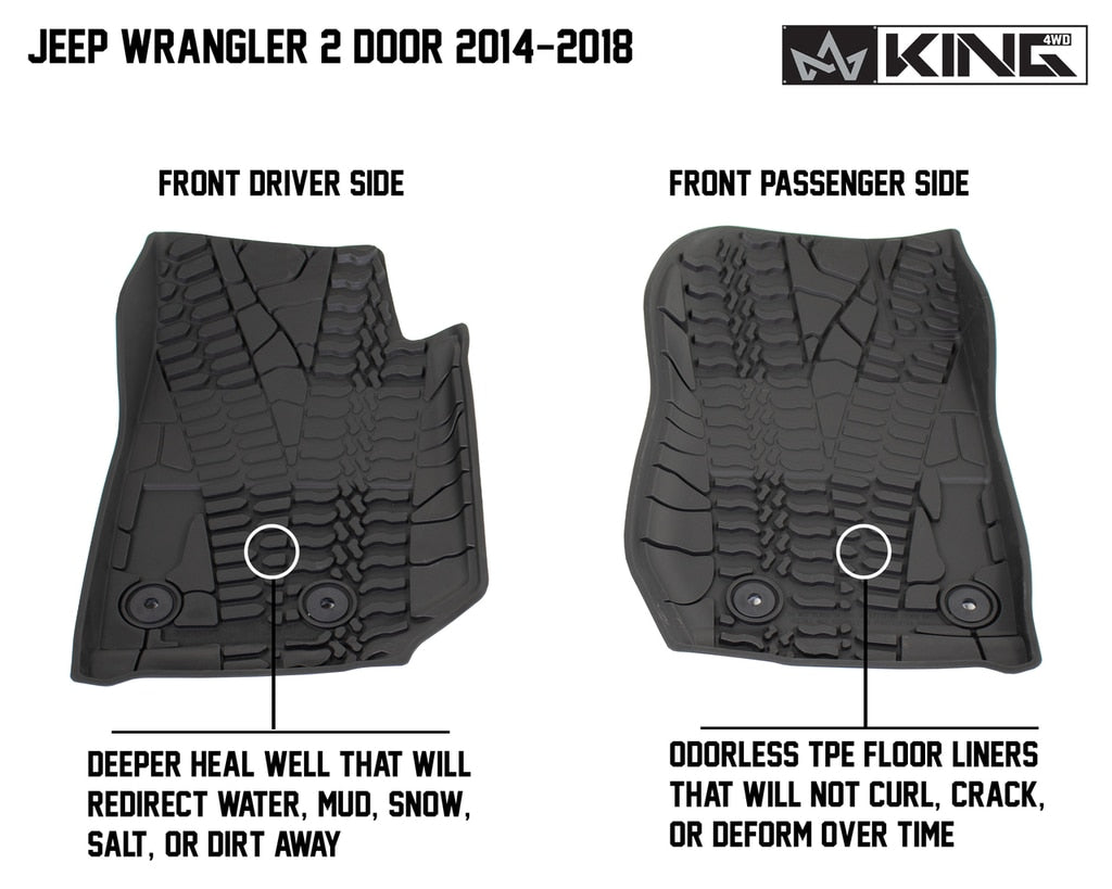 King4WD Front And Second Seat Floor Liners Jeep JK TPE Form Fitting Floor Liners For 14-18 Wrangler JK 2 Door Front and Rear 4 Piece Black King 4WD - 28010401