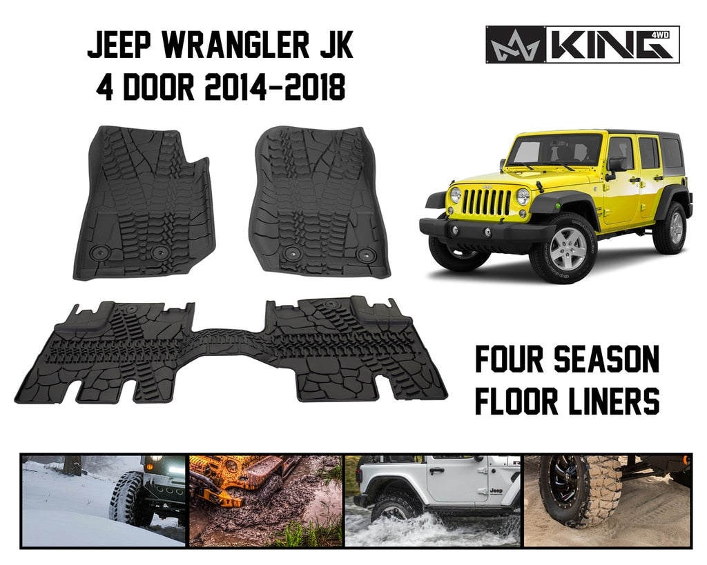 King4WD Front And Second Seat Floor Liners Jeep JK TPE Form Fitting Floor Liners For 14-18 Wrangler JK 4 Door Front and Rear 3 Piece Black King 4WD - 28010501