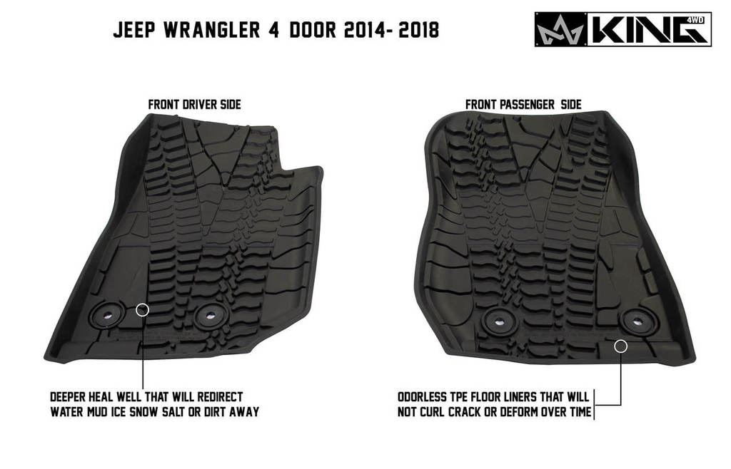King4WD Front And Second Seat Floor Liners Jeep JK TPE Form Fitting Floor Liners For 14-18 Wrangler JK 4 Door Front and Rear 3 Piece Black King 4WD - 28010501