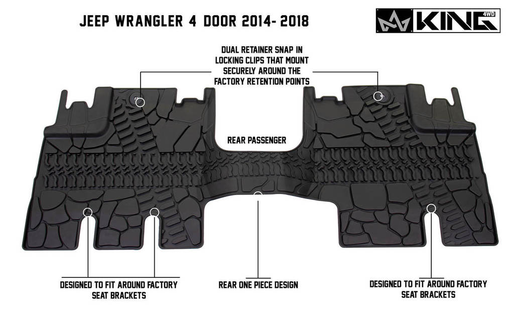 King4WD Front And Second Seat Floor Liners Jeep JK TPE Form Fitting Floor Liners For 14-18 Wrangler JK 4 Door Front and Rear 3 Piece Black King 4WD - 28010501
