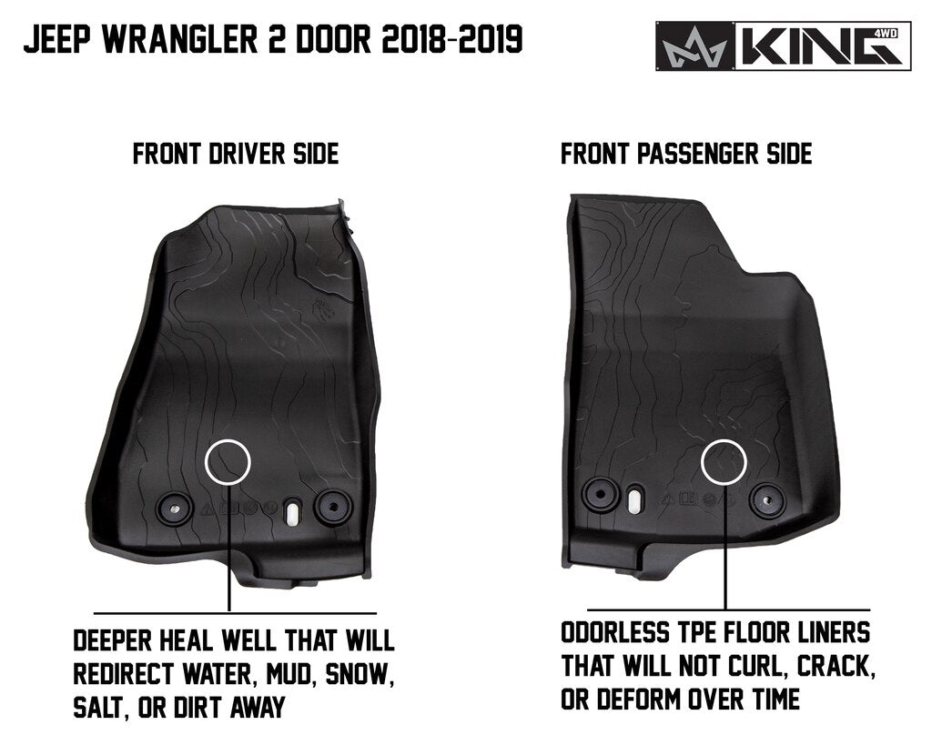 King4WD Front And Second Seat Floor Liners Jeep JL TPE Form Fitting Floor Liners For 18-Pres Wrangler JL 2 Door Front and Rear 4 Piece Black King 4WD - 28010601
