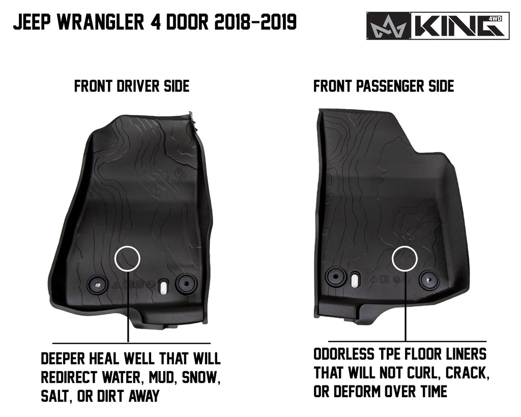 King4WD Front And Second Seat Floor Liners Jeep JL TPE Form Fitting Floor Liners For 18-Pres Wrangler JL 4 Door Front and Rear 3 Piece Black King 4WD - 28010701