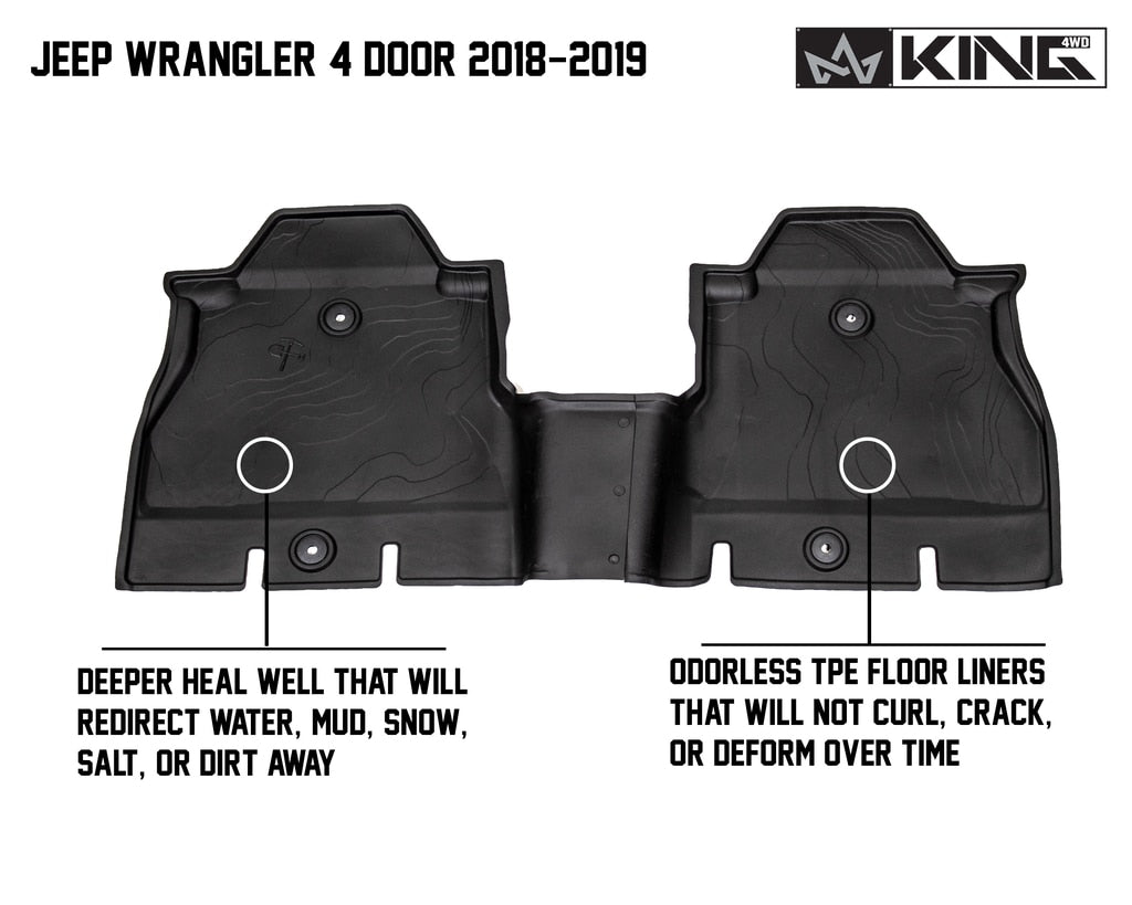 King4WD Front And Second Seat Floor Liners Jeep JL TPE Form Fitting Floor Liners For 18-Pres Wrangler JL 4 Door Front and Rear 3 Piece Black King 4WD - 28010701