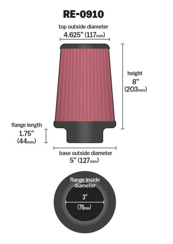 K&N Engineering Air Filters - Universal Fit K&N Universal Rubber Filter 3inch FLG / 5inch OD-B / 4-5/8inch OD-T / 8inch H