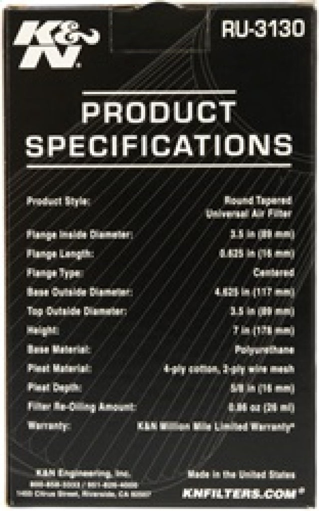 K&N Engineering Air Filters - Universal Fit K&N Filter Universal Rubber Filter 3 1/2 inch Flange 4 5/8 inch Base 3 1/2 inch Top 7 inch Height