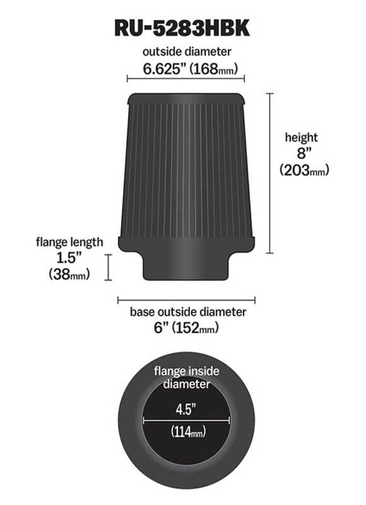 K&N Engineering Air Filters - Universal Fit K&N Universal Rubber Filter-Round Tapered 4.5in Flange ID x 8in Base OD x 6.625in Top OD x 8in H