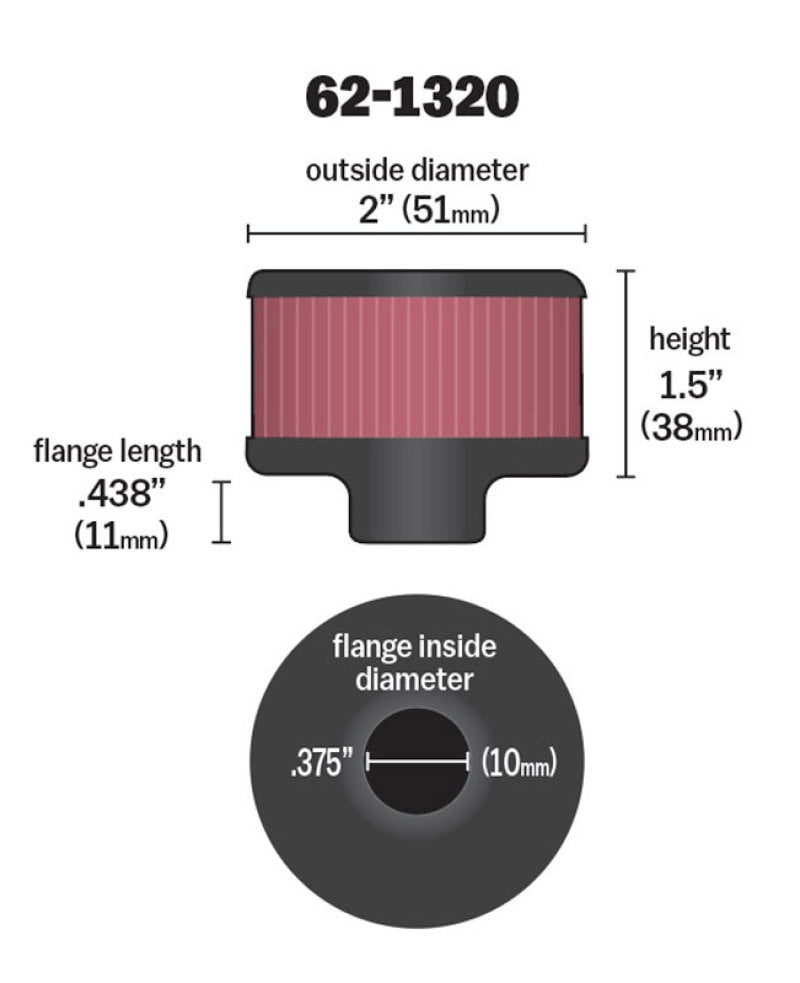 K&N Engineering Air Filters - Universal Fit K&N Clamp On Rubber Base Crankcase Vent Filter 0.375in Flange ID x 2in OD x 1.5in Height