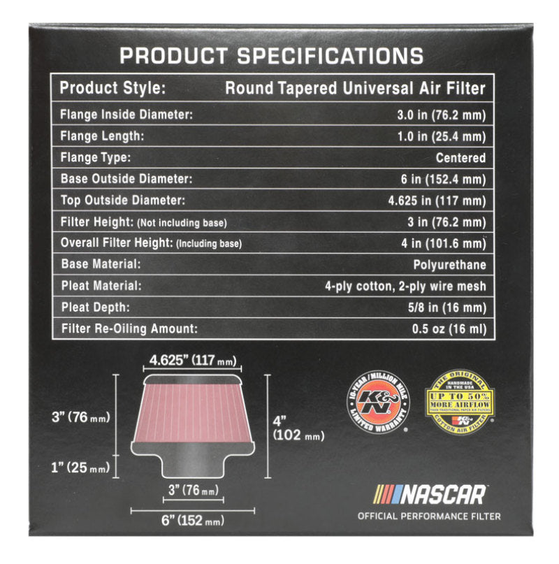 K&N Engineering Air Filters - Universal Fit K&N Universal Round Clamp-On Air Filter 3in Flange ID x 6in Base OD x 4.625in Top OD x 3in Height