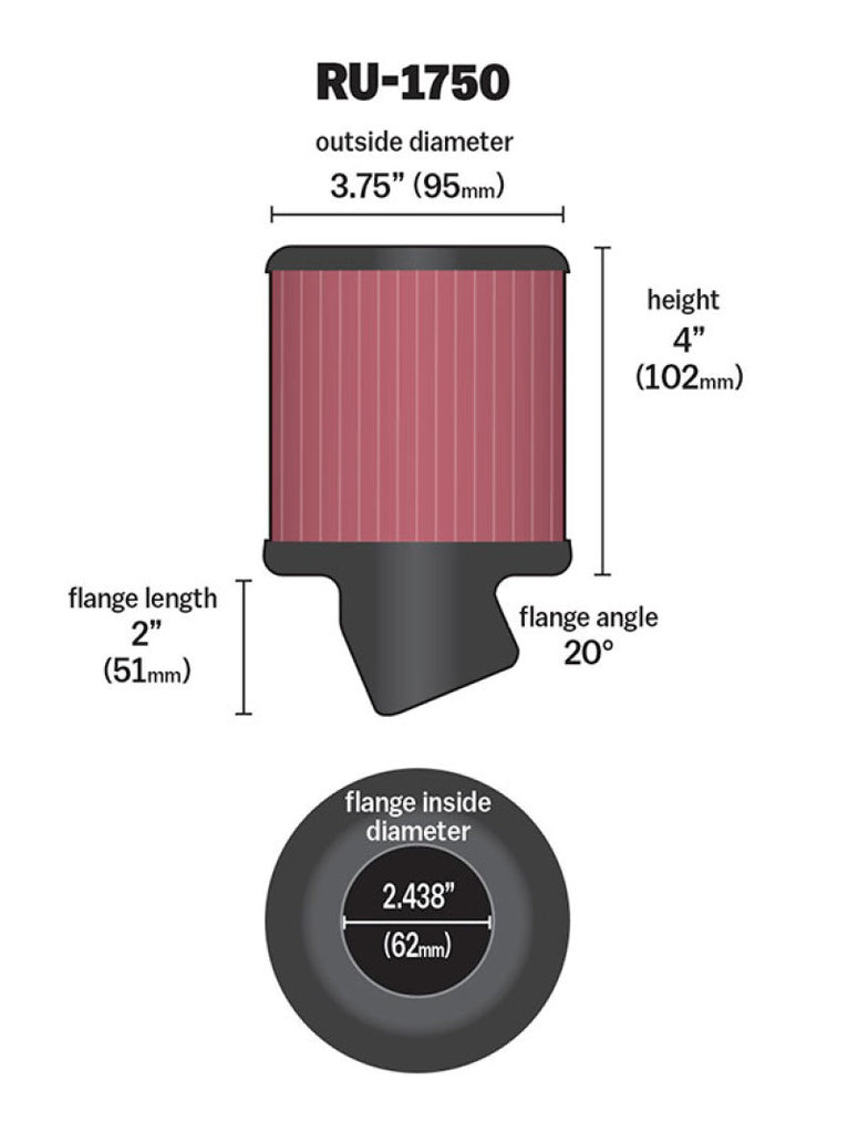 K&N Engineering Air Filters - Universal Fit K&N Filter Universal Rubber Round Straight Filter 20 Deg Angled 2-7/16in Flange 3-3/4in OD 4in H