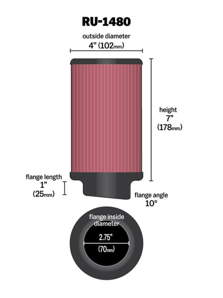 K&N Engineering Air Filters - Universal Fit K&N Filter Universal Rubber Filter 10 Degree Flange Angle 4in OD x 2.75in Flange ID x 7in H