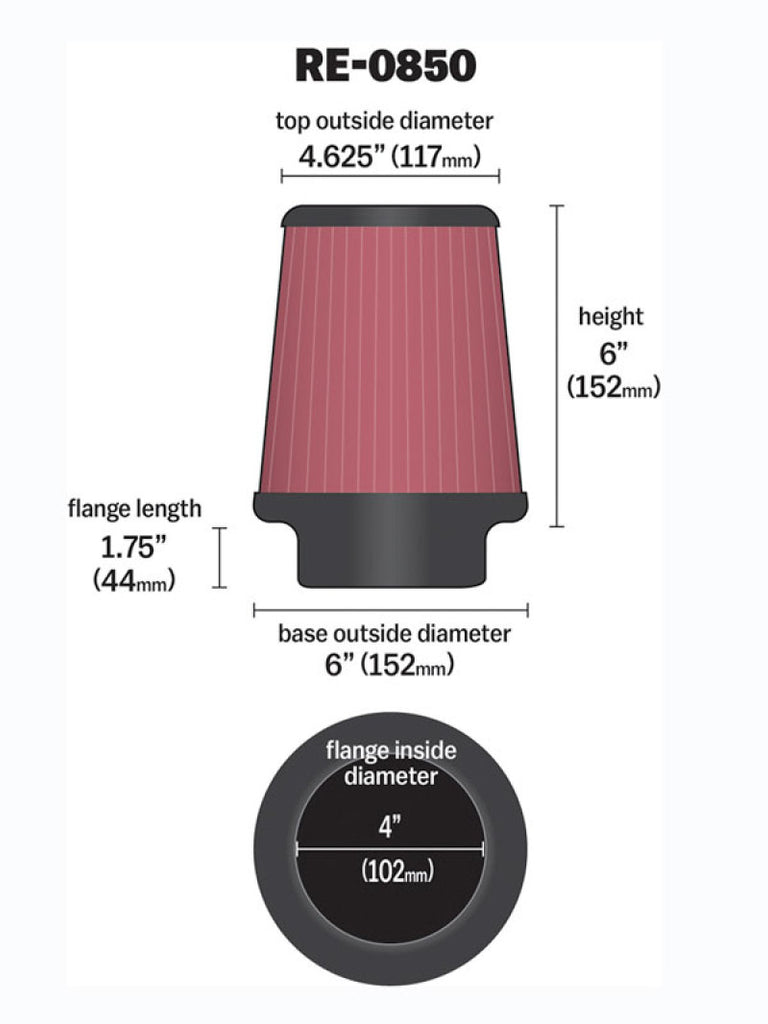 K&N Engineering Air Filters - Universal Fit K&N Universal Air Filter (4in. Flange / 6in. Base OD / 4-5/8in. Top OD / 6in. Height)