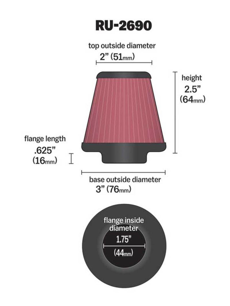 K&N Engineering Air Filters - Universal Fit K&N Filter Universal Rubber Filter 1 3/4 inch Flange 3 inch Base 2 inch Top 2.5 inch Height