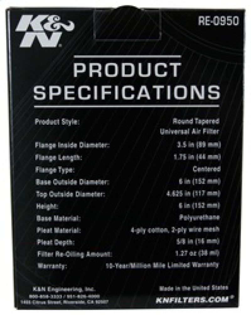 K&N Engineering Air Filters - Universal Fit K&N Universal Rubber Filter 3 1/2inch ID FLG / 6inch Base / 4-5/8inch Top / 6inch Height