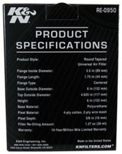 Load image into Gallery viewer, K&amp;N Engineering Air Filters - Universal Fit K&amp;N Universal Rubber Filter 3 1/2inch ID FLG / 6inch Base / 4-5/8inch Top / 6inch Height