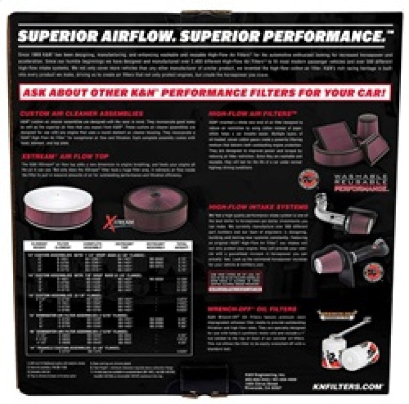 K&N Engineering Air Filters - Direct Fit K&N 14in Red Custom Air Cleaner Assembly - 5.125in ID x 14in OD x 2.75in H x 1.25in Drop Base