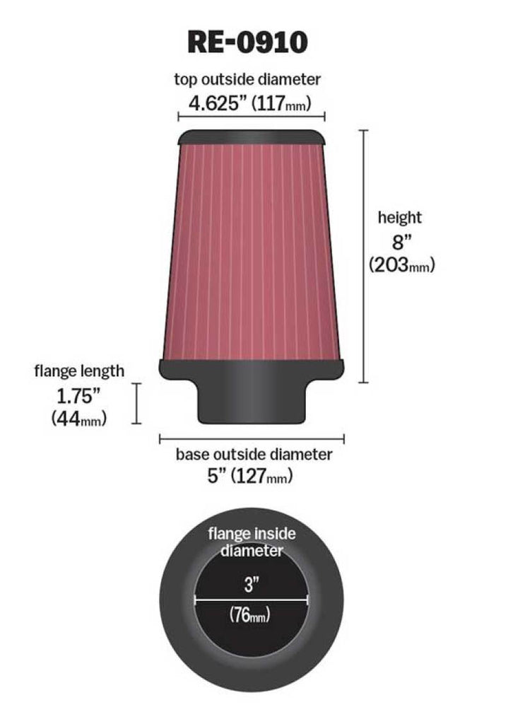 K&N Engineering Air Filters - Universal Fit K&N Universal Rubber Filter 3inch FLG / 5inch OD-B / 4-5/8inch OD-T / 8inch H