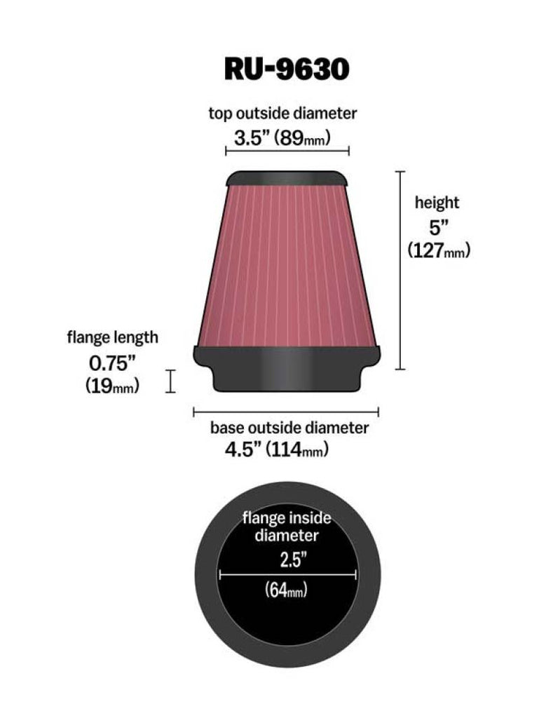 K&N Engineering Air Filters - Universal Fit K&N Universal Tapered Filter 2.5in Flange ID x 4.5in Base OD x 3.5in Top OD x 5in Height