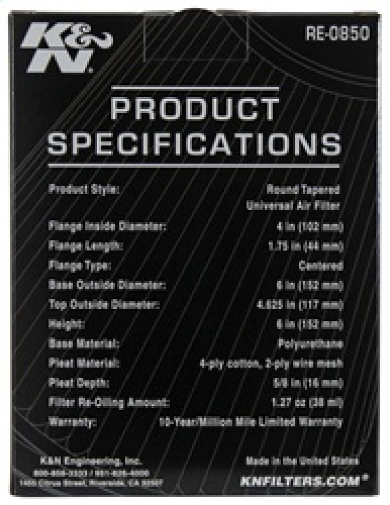 K&N Engineering Air Filters - Universal Fit K&N Universal Air Filter (4in. Flange / 6in. Base OD / 4-5/8in. Top OD / 6in. Height)