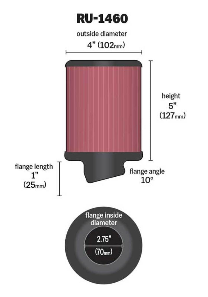 K&N Engineering Air Filters - Universal Fit K&N Filter Universal Rubber Filter 2 3/4 inch 10 Degree Flange 4 inch OD 5 inch Height