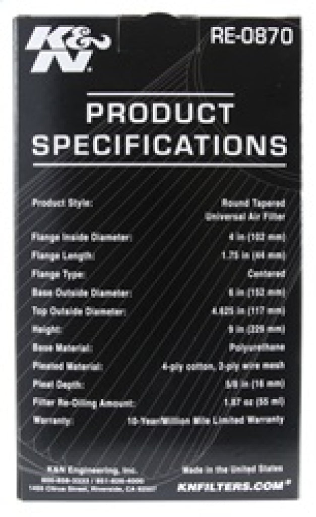 K&N Engineering Air Filters - Universal Fit K&N Universal Rubber Filter 4inch FLG / 6inch OD-B / 4-5/8inch OD-T / 9inch H