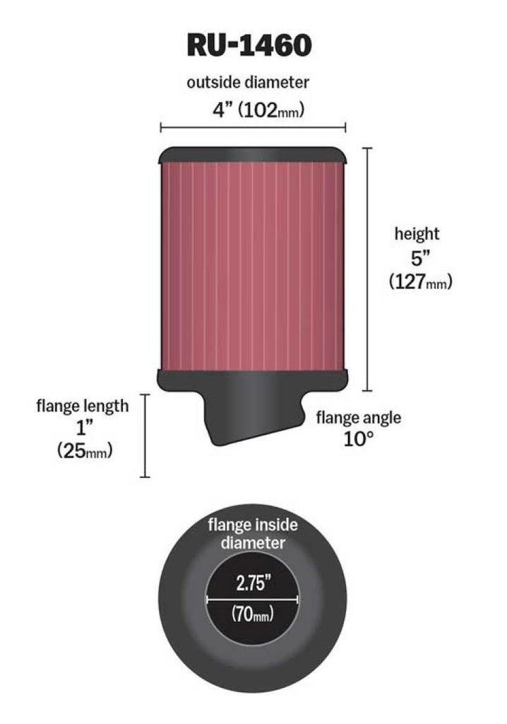 K&N Engineering Air Filters - Universal Fit K&N Filter Universal Rubber Filter 2 3/4 inch 10 Degree Flange 4 inch OD 5 inch Height