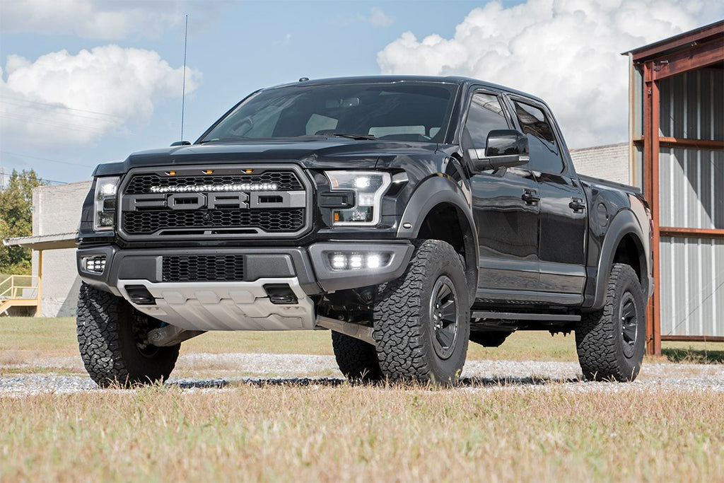 Rough Country Fog Lights Ford Triple LED Fog Light Kit Black Series w/White DRL 17-19 F-150 Raptor Rough Country - 70700DRL