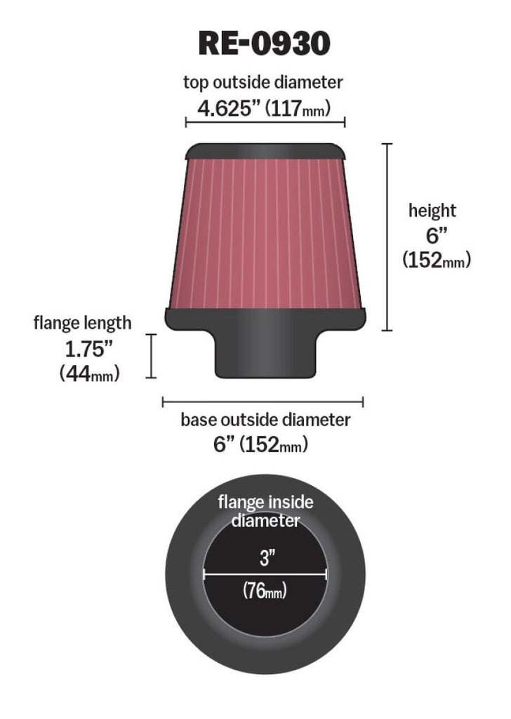 K&N Engineering Air Filters - Universal Fit K&N Universal Rubber Filter - Round Tapered 6in Base OD x 3in Flange ID x 6in H