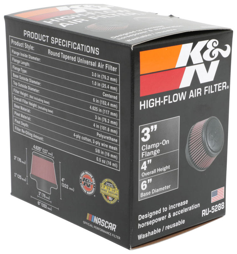 K&N Engineering Air Filters - Universal Fit K&N Universal Round Clamp-On Air Filter 3in Flange ID x 6in Base OD x 4.625in Top OD x 3in Height