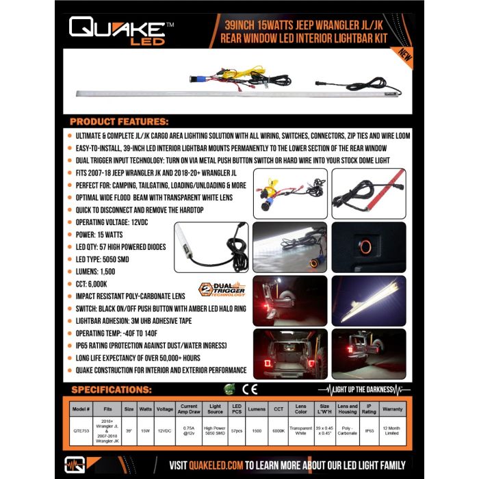 Quake LED Light Bar Jeep Wrangler JK 39" LED Interior Light Bar - QTE754