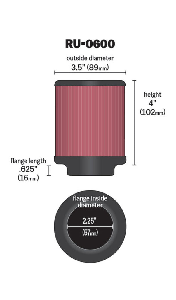 K&N Engineering Air Filters - Universal Fit K&N Filter Universal Rubber Filter 2 1/4 inch Flange 3 1/2 inch OD 4 inch Height