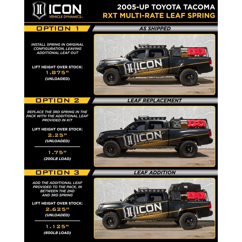 ICON Leaf Springs & Accessories ICON 2005+ Toyota Tacoma Multi Rate RXT Leaf Pack w/Add In Leaf