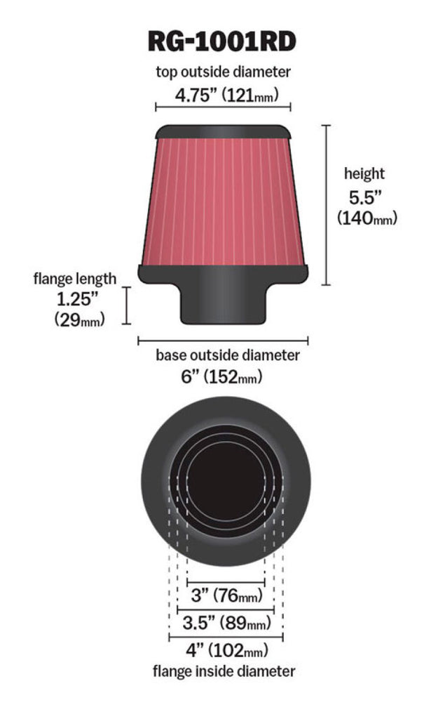 K&N Engineering Air Filters - Universal Fit K&N Universal Air Filter Chrome Round Tapered Red - 4in Flange ID x 1.125in Flange Length x 5.5in H