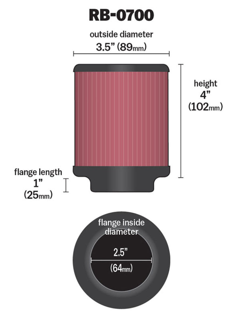 K&N Engineering Air Filters - Universal Fit K&N Universal Rubber Filter 2.5 inch 5 Degree FLG 3.5 inch OD 4 inch Height