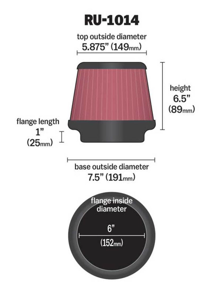 K&N Engineering Air Filters - Universal Fit K&N Universal Tapered Filter 6in Flange ID x 7.5in Base OD x 5.875in Top OD x 6.5in Height