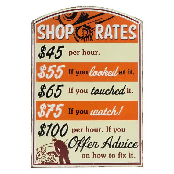 Offroad Trading Company SHOP RATES ORANGE EMBOSSED TIN SIGN