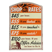 Load image into Gallery viewer, Offroad Trading Company SHOP RATES ORANGE EMBOSSED TIN SIGN