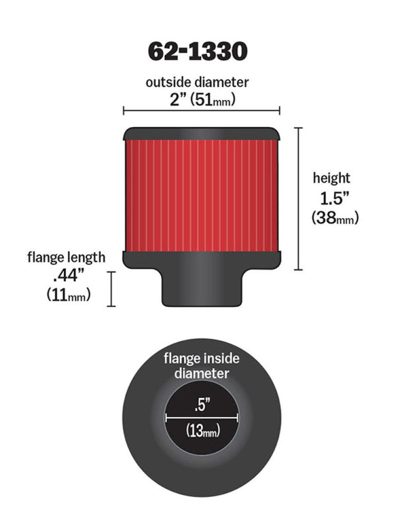 K&N Engineering Air Filters - Universal Fit K&N Clamp On Rubber Base Crankcase Vent Filter 0.5in Flange ID 2in OD 1.5in Height