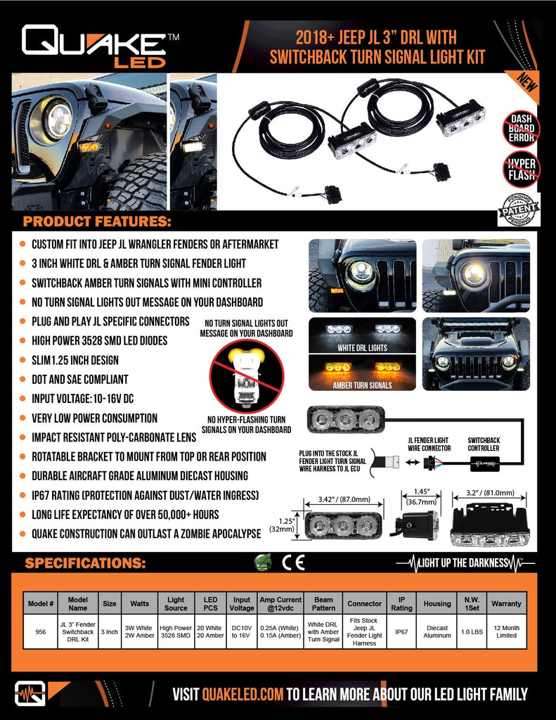 Quake LED Turn Signal Light 3 Inch Jeep Wrangler JL/Gladiator DRL Fender Lights w/Switchback Turn Signal - QTE956