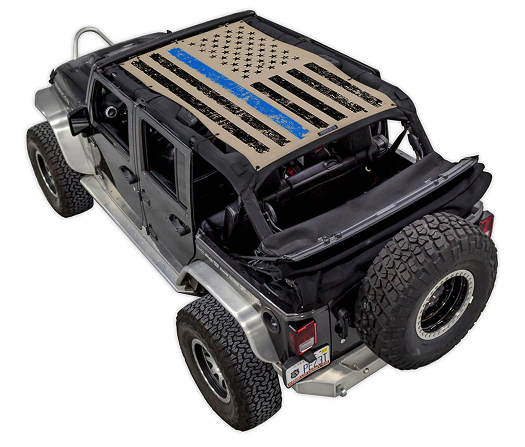 SPIDERWEBSHADE Product Tan JK-4D Tactical Flag Distressed Thin Blue Line