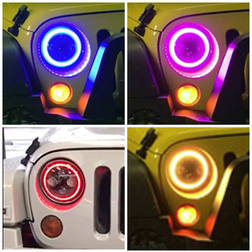 Quake LED Headlight 7 Inch RGB Accent Headlight High/Low RGB Full Halo Black Reflector Tempest - QTE555