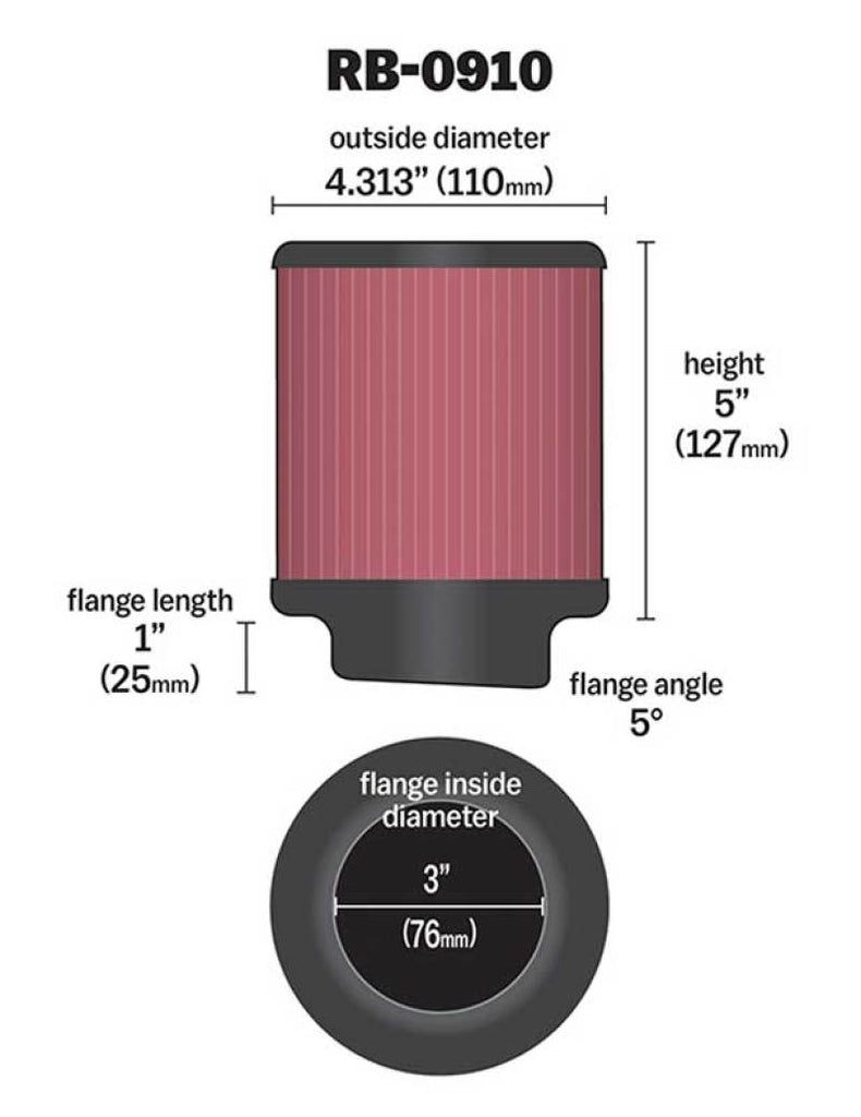 K&N Engineering Air Filters - Universal Fit K&N Universal Rubber Filter 3 inch 5 Degree FLG 4 1/2 inch OD 5 inch Height
