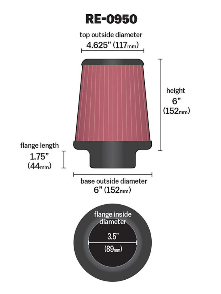 K&N Engineering Air Filters - Universal Fit K&N Universal Rubber Filter 3 1/2inch ID FLG / 6inch Base / 4-5/8inch Top / 6inch Height