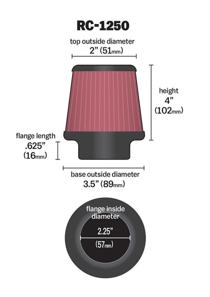 K&N Engineering Air Filters - Universal Fit K&N Universal Chrome Filter 2.25 Inch Flange / 3.5 Inch Base / 2 Inch Top / 4 Inch Height