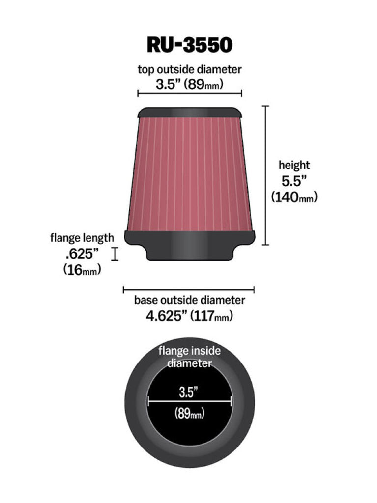 K&N Engineering Air Filters - Universal Fit K&N Universal Rubber Filter 3 1/2 inch FLG / 4 5/8 inch Base / 3-1/2 inch Top / 5 1/2 inch Height