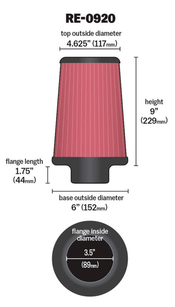 K&N Engineering Air Filters - Universal Fit K&N Universal Rubber Filter 3 1/2inch ID FLG / 6inch Base / 4-5/8inch Top / 9inch Height