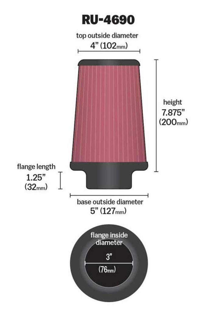 K&N Engineering Air Filters - Universal Fit K&N Universal Round Tapered Filter 3 inch FLG / 5 inch Bottom / 4 inch Top / 7 7/8 inch Height