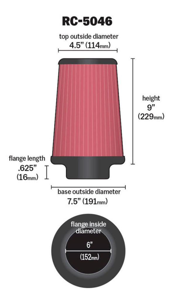 K&N Engineering Air Filters - Universal Fit K&N Universal Chrome Filter 6 inch FLG / 7.5 inch Base / 4.5 inch Top / 9 inch Height